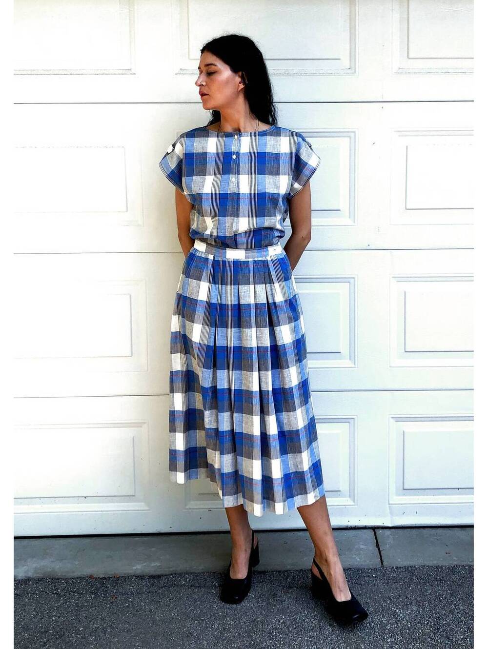 vintage 80s Highland Queen Plaid Skirt & Top Set Blue Tartan Kilt